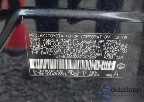 2008 Lexus Es 350 z USA, uszkodzony, nr VIN JTHBJ46G382263289